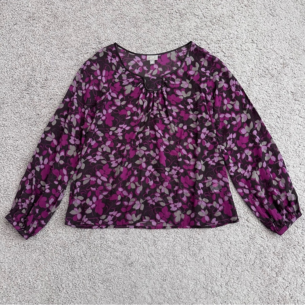 J.Jill Blouse Womens S 100% Silk Floral Purple Sheer Peasant Top